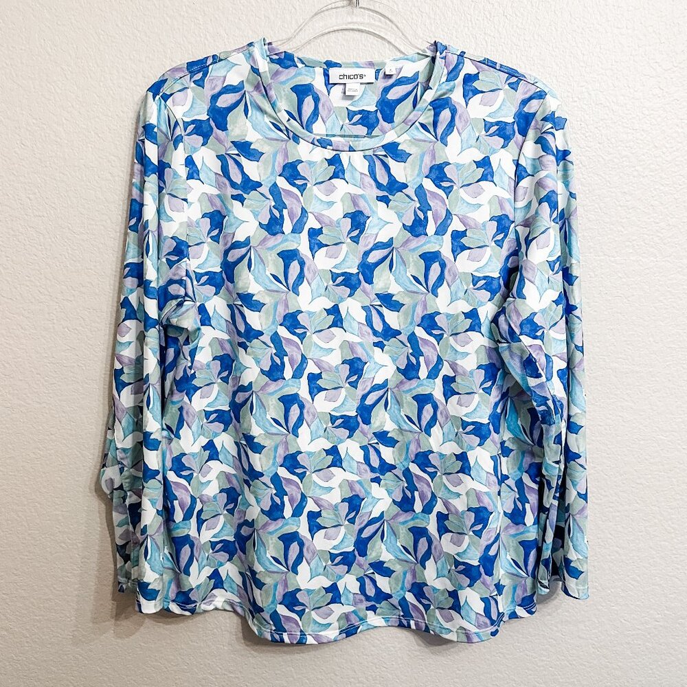 Chico's Petals Floral Print Mesh Long-Sleeve Top
